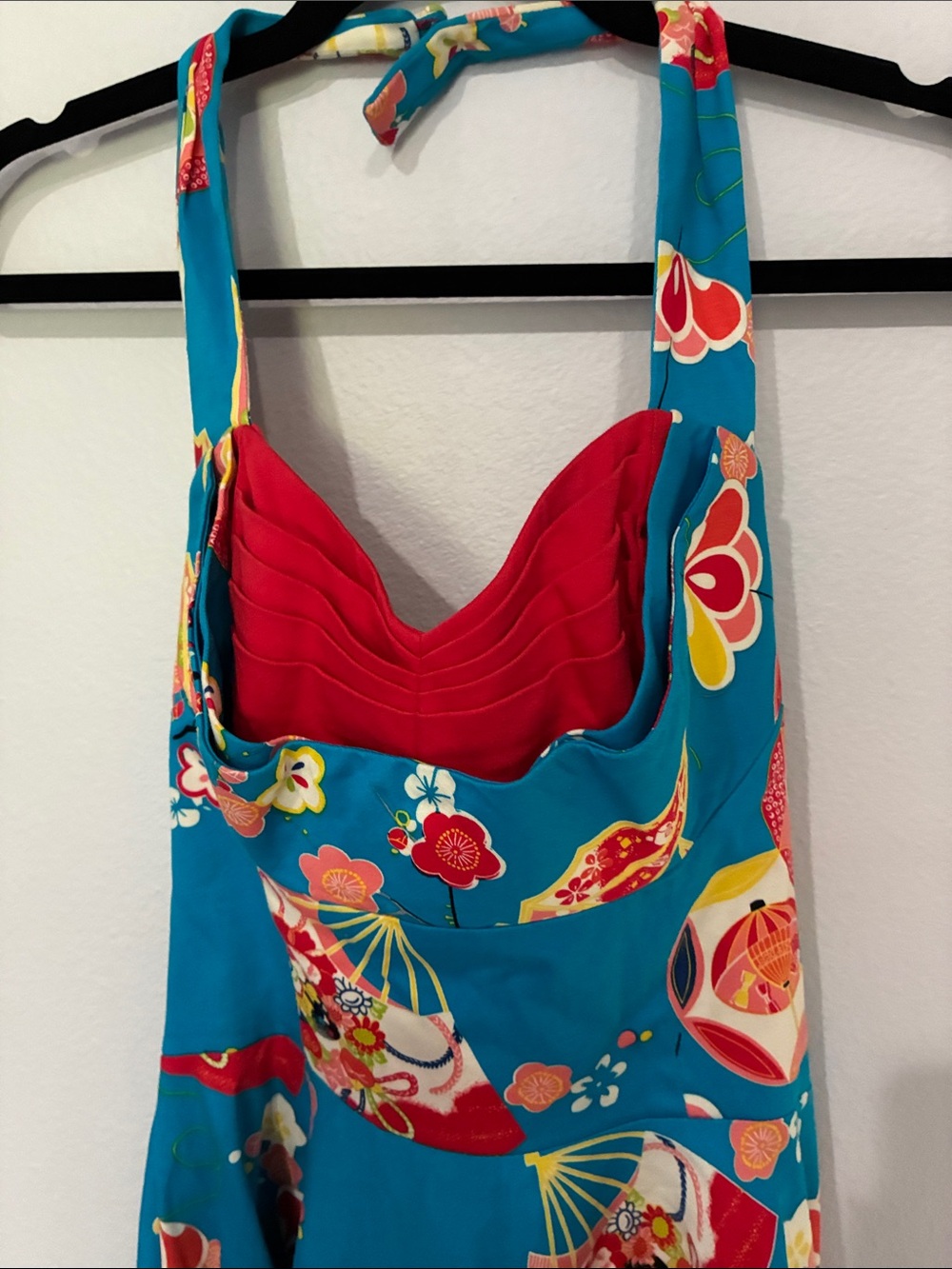 Trashy Diva Teal Floral Fit-and-Flare Geisha Fan Asian Dress with Red Bust - Picture 3 of 12